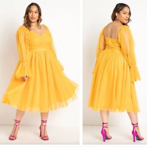 NWT Eloquii Women's Plus Size 14 Tiered Puff Sleeve Dress in Golden Glow - Picture 1 of 3